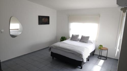 a white bedroom with a bed and a mirror at La Pastora in Monterrey