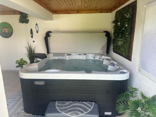 a hot tub in a room with plants at Къща за гости Падалото in Smolyan