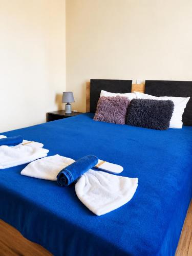 a blue bed with towels on top of it at ApartmentDanny in Hisarya
