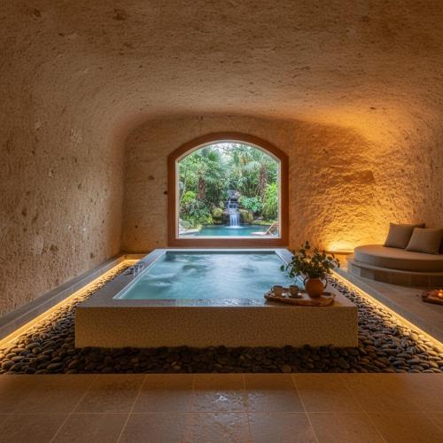 ein Schwimmbecken in einem Zimmer mit Fenster in der Unterkunft Define Spa in Panvel