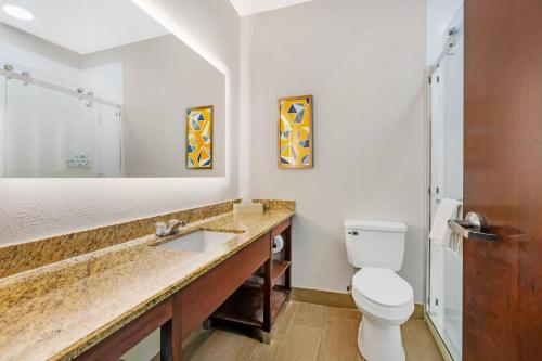 a bathroom with a toilet and a sink and a shower at Comfort Suites Sumter near Shaw AFB in Sumter