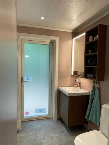 a bathroom with a toilet and a sink and a window at Idyllic cottage with lake view with 11 beds in Ludvika