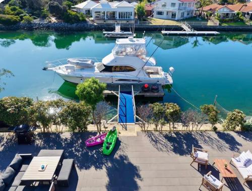 an aerial view of a boat in a marina at Smada Stay - 4BR, Waterfront, Perfect Entertainer in Port Lincoln