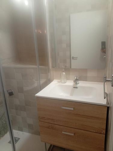 a bathroom with a white sink and a shower at Elena's bar loft in Poio