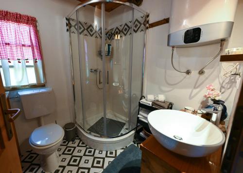 a bathroom with a shower and a toilet and a sink at Kuća za odmor Josipa in Klanjec