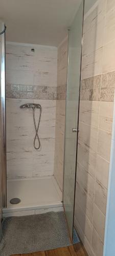 a shower stall in a bathroom with a shower at Chalupa Krbálka in Jeseník