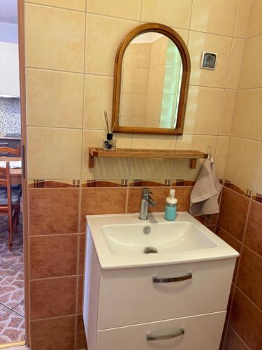 a bathroom with a sink and a mirror at Domki Pod Jesionami in Stronie Śląskie