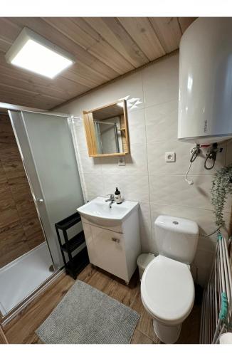 a bathroom with a toilet and a sink at Arena White Houses in Okuninka