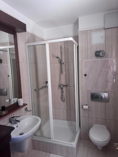a bathroom with a shower and a toilet and a sink at Six Apartman in Bükfürdő