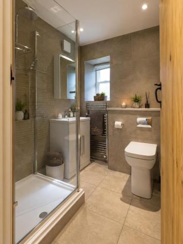 a bathroom with a shower and a toilet and a sink at River Song, Aysgarth Falls in Leyburn
