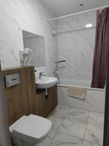 a bathroom with a toilet and a sink and a tub at Zarvanska str apartment in Kamianets-Podilskyi