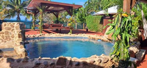a swimming pool in a yard with a picnic table at Pension LE PASSAGE in Vaitoare