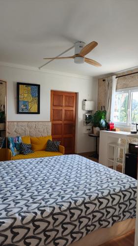a bedroom with a large bed with a ceiling fan at Studio with private pool in Villefranche-sur-Mer