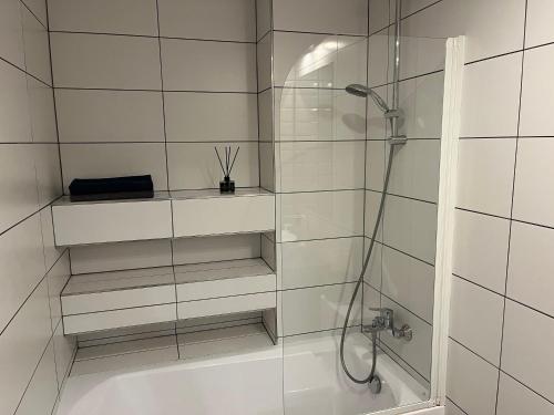a bathroom with a shower with a glass door at Near Ozas Studio in Vilnius