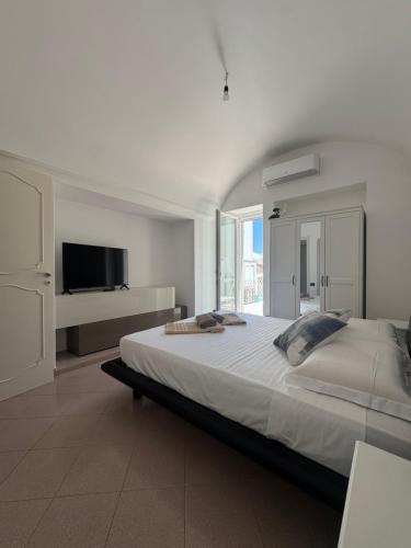 a white bedroom with a large bed and a flat screen tv at Dietro la Piazzetta in Capri