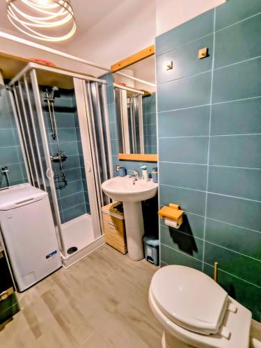 a bathroom with a toilet and a sink and a shower at Tiny home in Camigliatello Silano