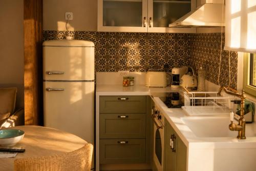a kitchen with green cabinets and a white refrigerator at Athena Collection in Kefalos