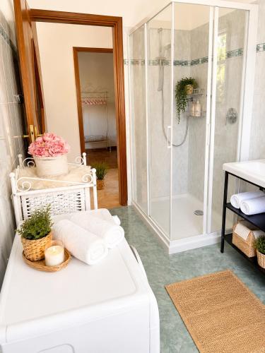 a bathroom with a shower and a bench with towels at Little house Lezzeno in Lezzeno