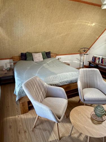 a bedroom with a bed and two chairs and a bathtub at Pension 311 Vrchlabí in Vrchlabí