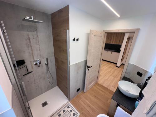 a bathroom with a shower with a toilet and a sink at Villa L'Aida in Canazei