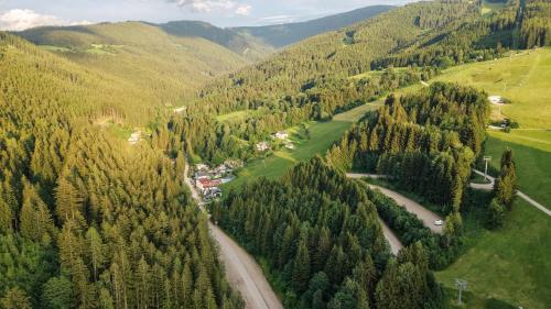 an aerial view of a valley with trees and a road at Hotel Sonnenalm Stuhleck in Spital am Semmering