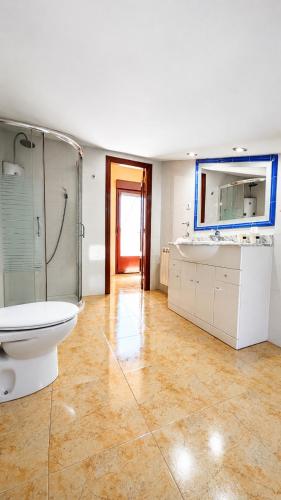 a bathroom with a toilet and a shower and a sink at HOSTAL La MARAVILLOSA DE VALDERAS in Valderas