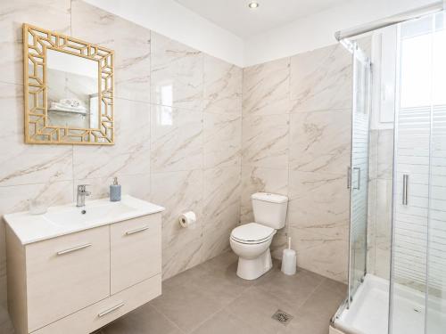 a bathroom with a toilet and a shower and a mirror at Ma Maison Rose in Kremasti