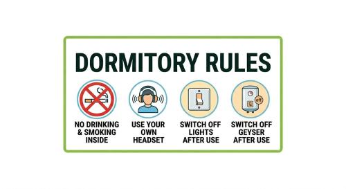 a sign that reads donut inventory rules and no drinking and smoking own houseestyle at City walk dormitory in Bangalore