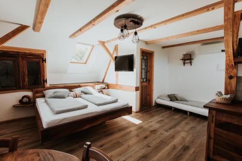 a bedroom with two beds and a flat screen tv at RANČ JUREŠ - Relaxing Countryside Escape in Ljutomer