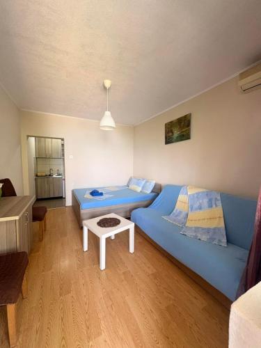 a living room with a blue couch and a table at Apartments President in Star Dojran