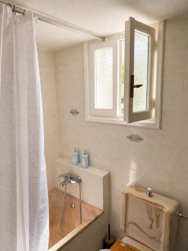 a bathroom with a tub and a toilet and a window at Mamas House Spetses in Spetses