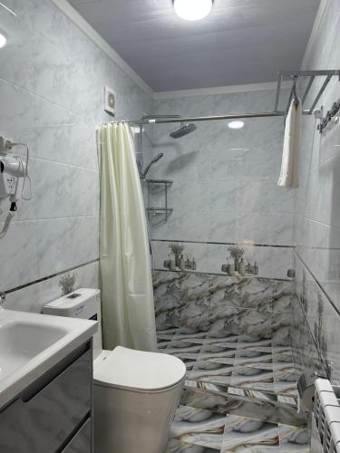 a bathroom with a shower and a toilet and a sink at Jahanshah GuestHouse in Samarkand
