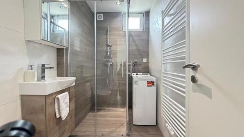a bathroom with a shower and a sink and a toilet at L'Annexe in Arlon