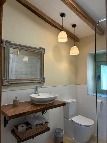 a bathroom with a sink and a toilet and two lights at El gallinero de Valoria in Valoria la Buena