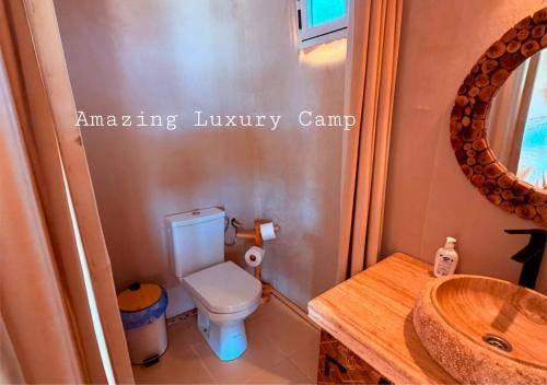 a bathroom with a toilet and a sink and a mirror at Amazing Luxury Camp in Merzouga