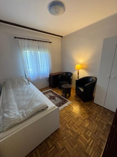 a bedroom with a bed and a couch and a chair at Vila Ljubinka in Brežđe