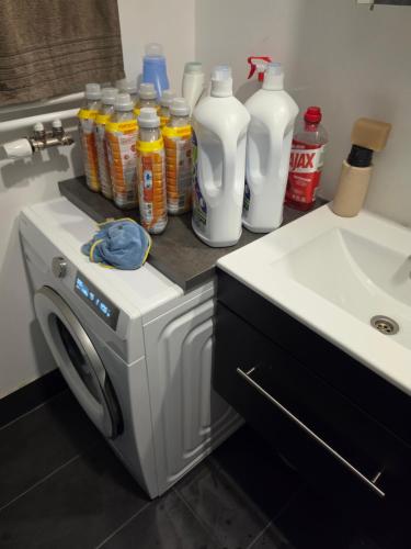 a kitchen with a washing machine and bottles of cleaner at Appartment on Dorpsstraat in Bleskensgraaf