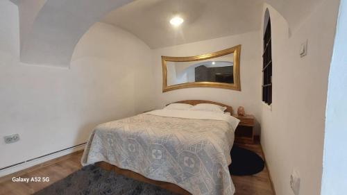 a bedroom with a bed and a mirror at Casa Iacob in Sighişoara