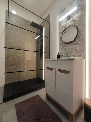 a bathroom with a shower and a sink and a mirror at B&B Royal Liberty in Ústí nad Labem