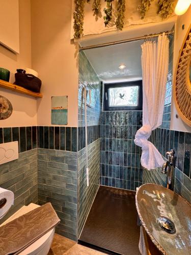 a bathroom with a shower and a sink at Luxus Kutsche in Grafengehaig