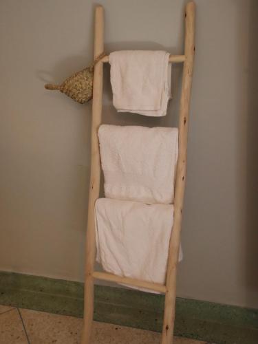 a towel ladder with two white towels on it at Riad Perlamazigh in Zagora