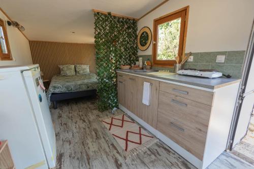une cuisine avec un évier et un plan de travail dans l'établissement cabane des vignes, à Cotignac