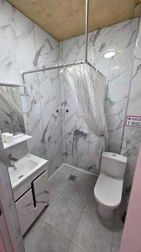 a bathroom with a shower and a toilet and a sink at Elida Guest Rooms in Cholpon-Ata