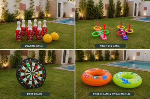 a group of four pictures with a dart board and a ball at Mangal Uday Villa in Jaipur