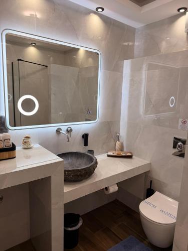 a bathroom with a sink and a toilet and a mirror at Apademia Comfort Studio 45 sqm in Skiros