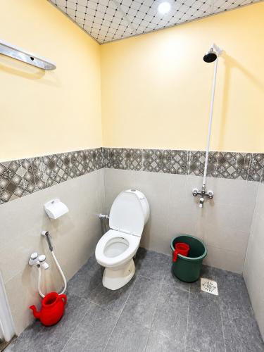 a bathroom with a toilet and a green bucket at IBEX COTTAGE SHARDa in Shardi