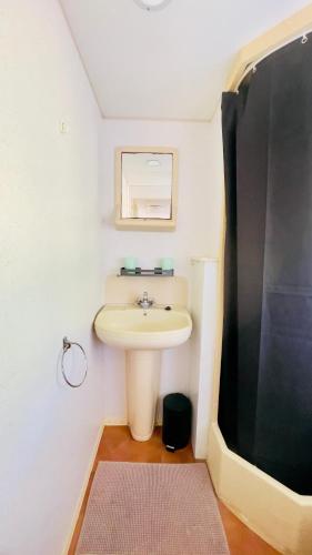 a bathroom with a sink and a mirror at Chez Les Garçons Mobile home vintage, confortable avec piscine in Sarlat-la-Canéda