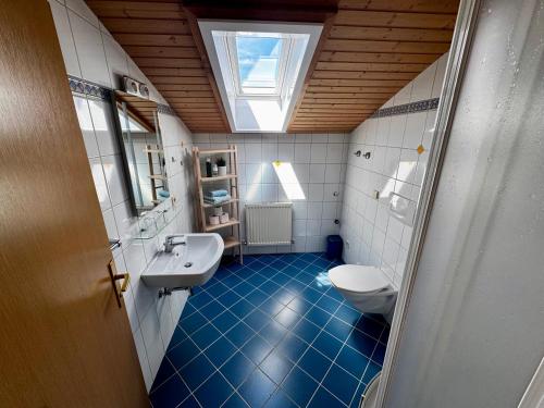 a bathroom with a toilet and a sink and a window at Landhaus Zoppoth in Kötschach