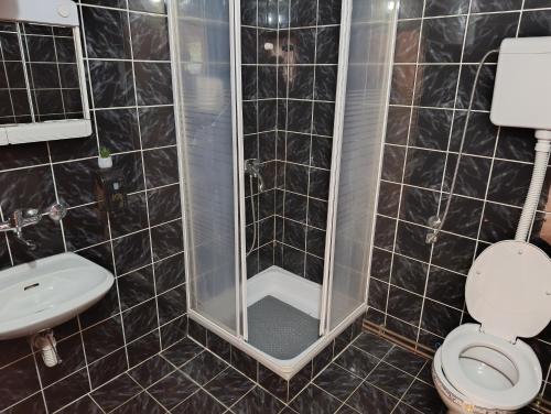 a bathroom with a shower with a toilet and a sink at Jasen restoran in Jarmenovci