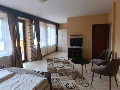 a bedroom with a bed and a tv in a room at Jasen restoran in Jarmenovci